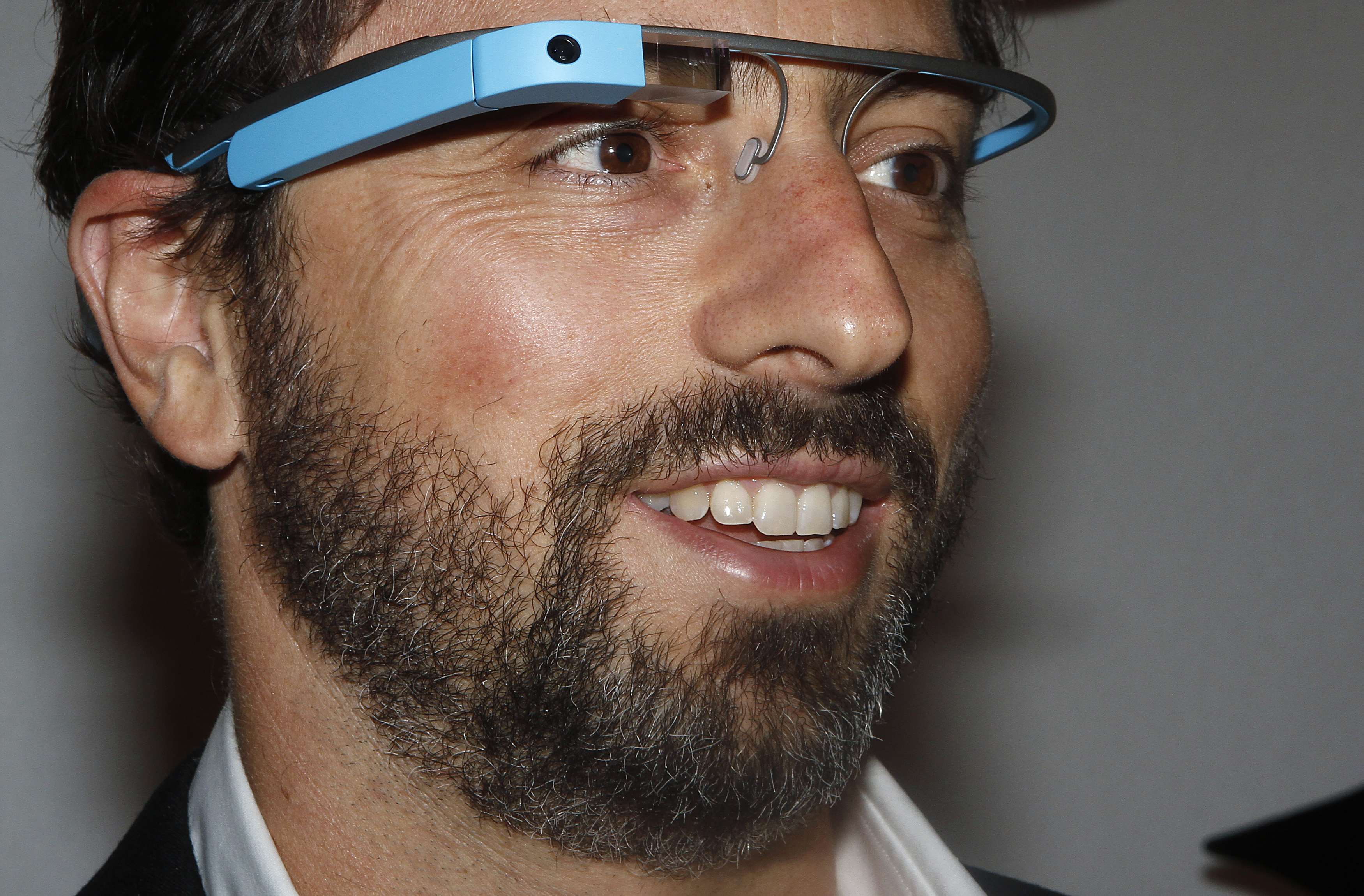 Google founder Sergey Brin poses for a portrait wearing Google Glass glasses before the Diane von Furstenberg  Spring/Summer 2013 collection show during New York Fashion Week