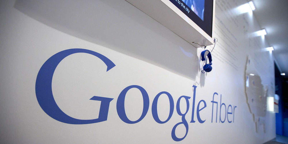 A Google Inc. Fiber display is shown at the Google office in Washington, D.C., U.S., on Tuesday, July 15, 2014. Google's presence in Washington is necessitated in part by the Federal Trade Commission and U.S. Justice Department inquiries into how the company obtains and uses private data. Additional privacy and safety concerns are likely to arise from Google projects in the works, including nose-mounted Google Glass computers and self-driving cars. Photographer: Andrew Harrer/Bloomberg via Getty Images