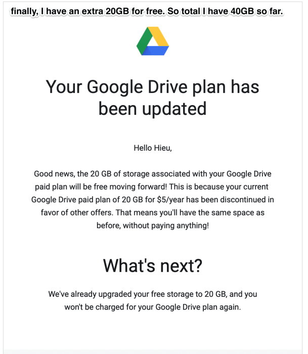 Google Drive plan upgrade free of charge