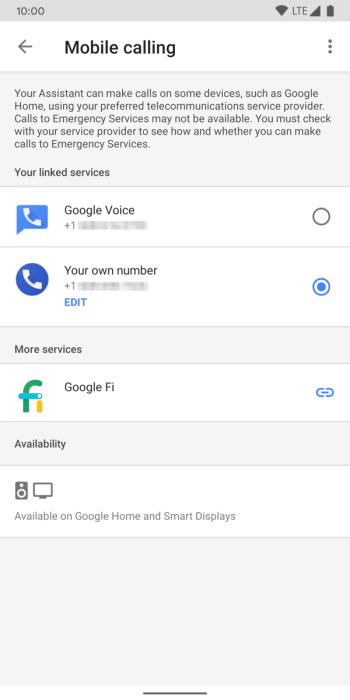 Google Home app for Android mobile calling menu
