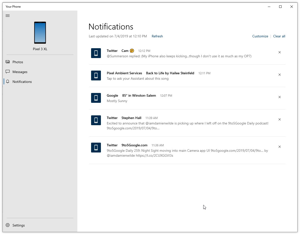 windows 10 your phone app android notifications
