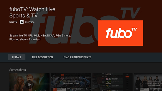 FuboTV Android TV install screen Play Store