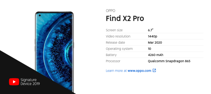 Oppo Find X2 Pro youtube signature device list