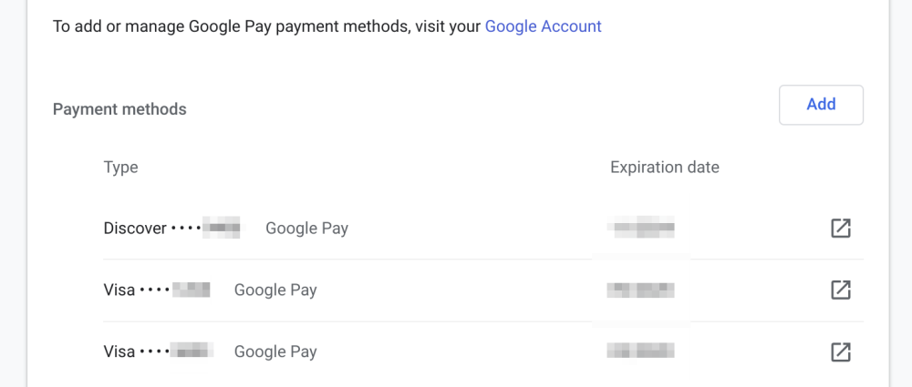 Chrome Google Pay cards