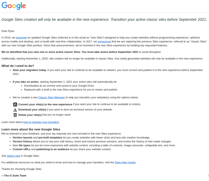An email sent to users which details the shutdown of classic Google Sites.