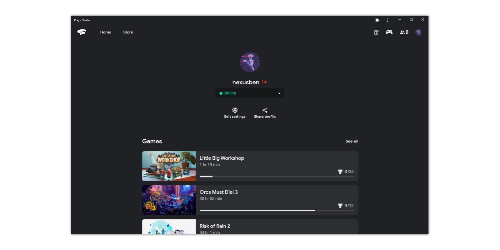 google stadia profile pages players
