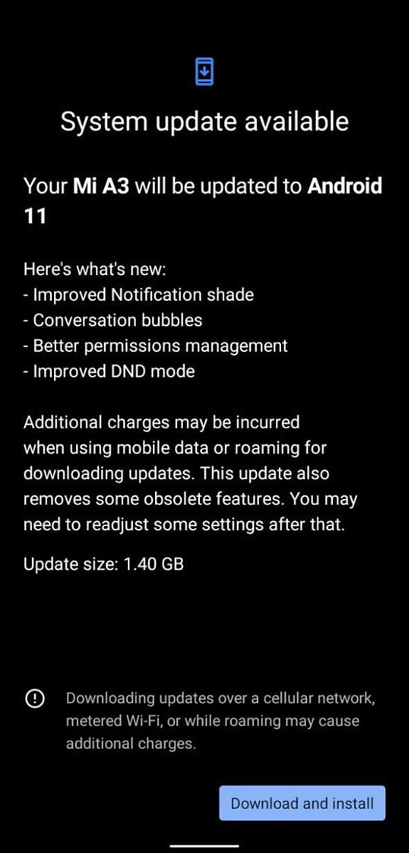Xiaomi Mi A3 Android 11 OTA update