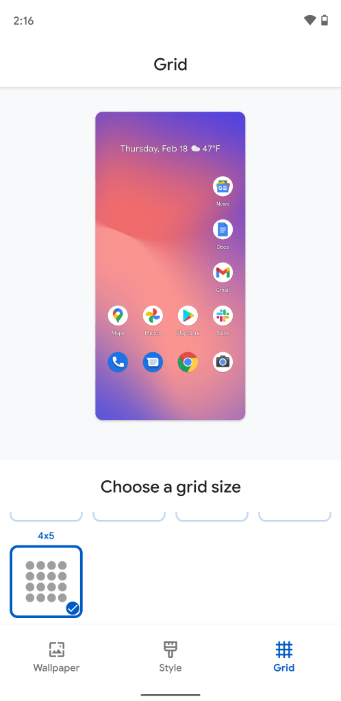 Android 12 Pixel Launcher 4x5 grid