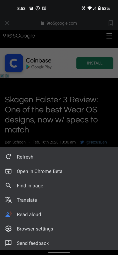 Read Aloud and Translate options in Google app browser menu