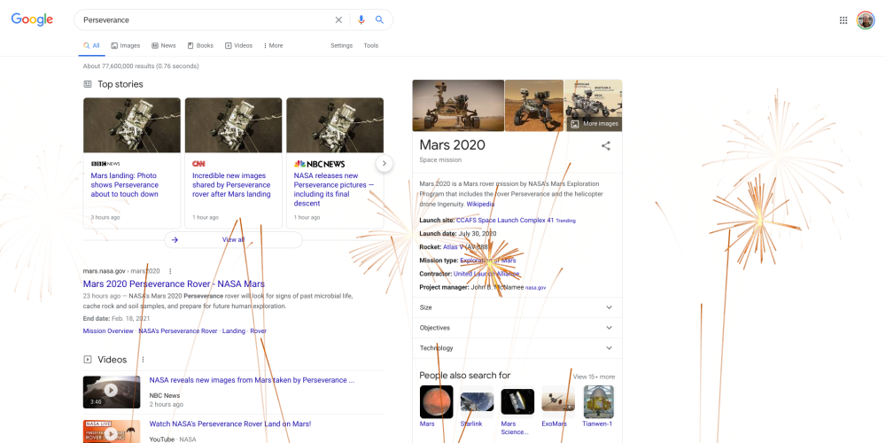 Google Search with fireworks to celebrate Perseverance rover landing