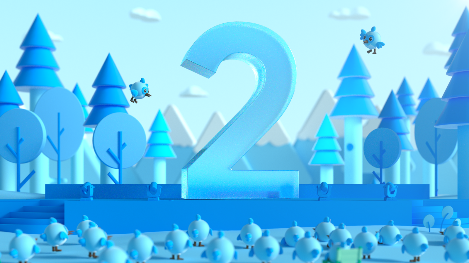 A large "2" in an all-blue forest, surrounded by flying Flutter Dash mascots