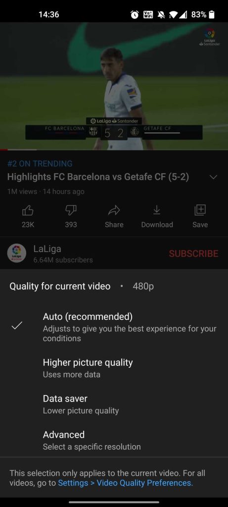 youtube video resolution mobile