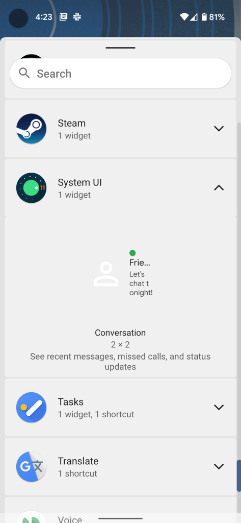 Conversations widget in Android 12's widgets list
