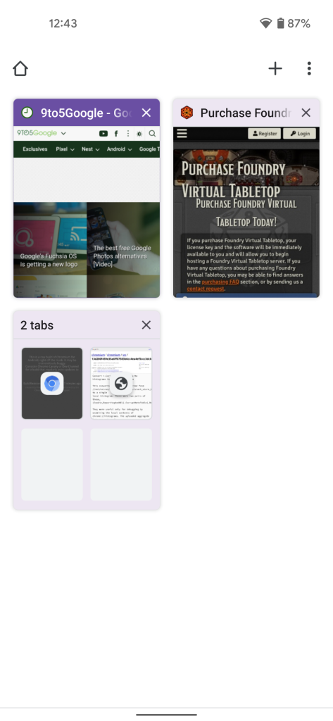 Chrome for Android's tab switcher using a purple Material You theme