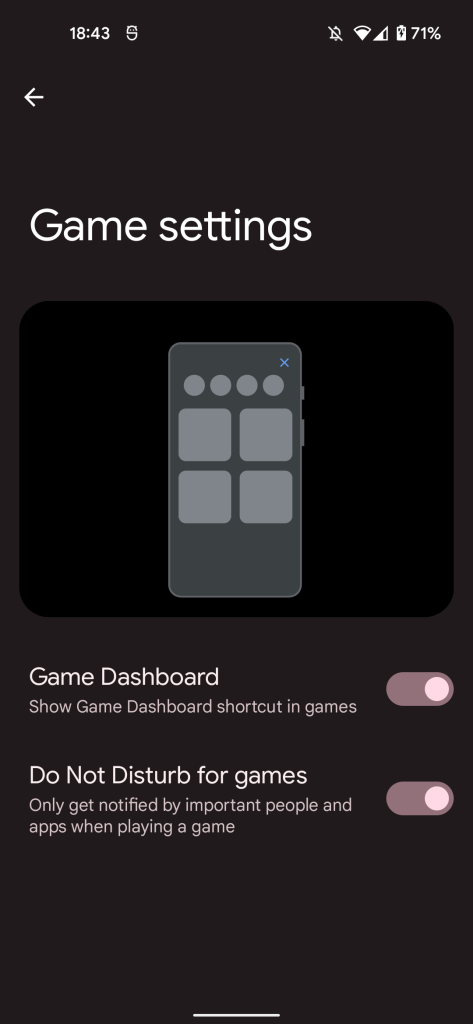 android game dashboard toggle