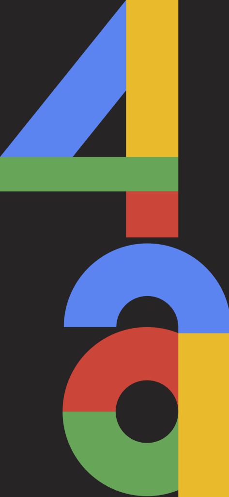 The official promo wallpaper for the Pixel 4a, displaying '4a' in large, colorful letters.