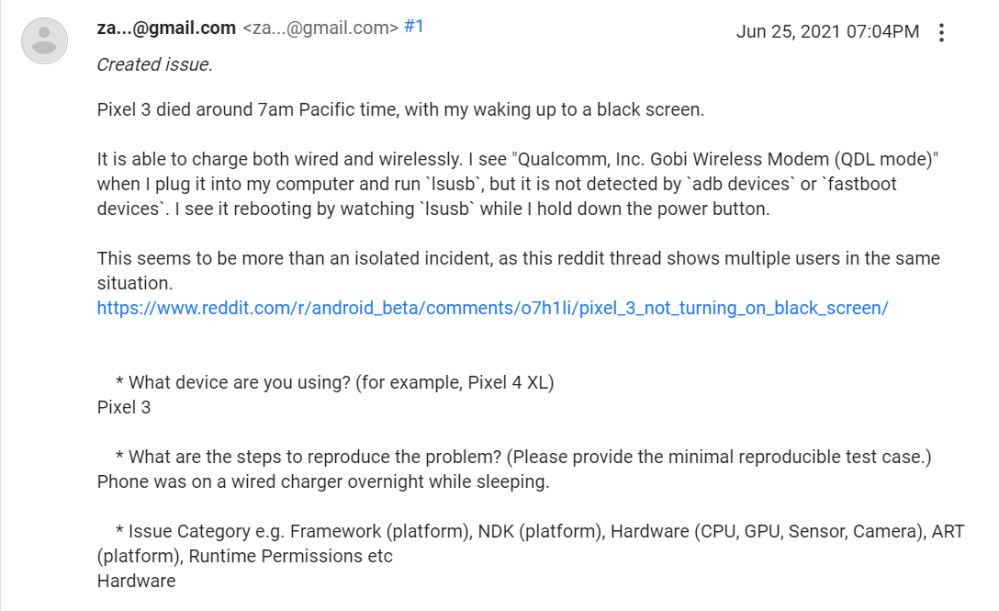 Complaint on the Google Support forums about bricked Pixel 3 devices