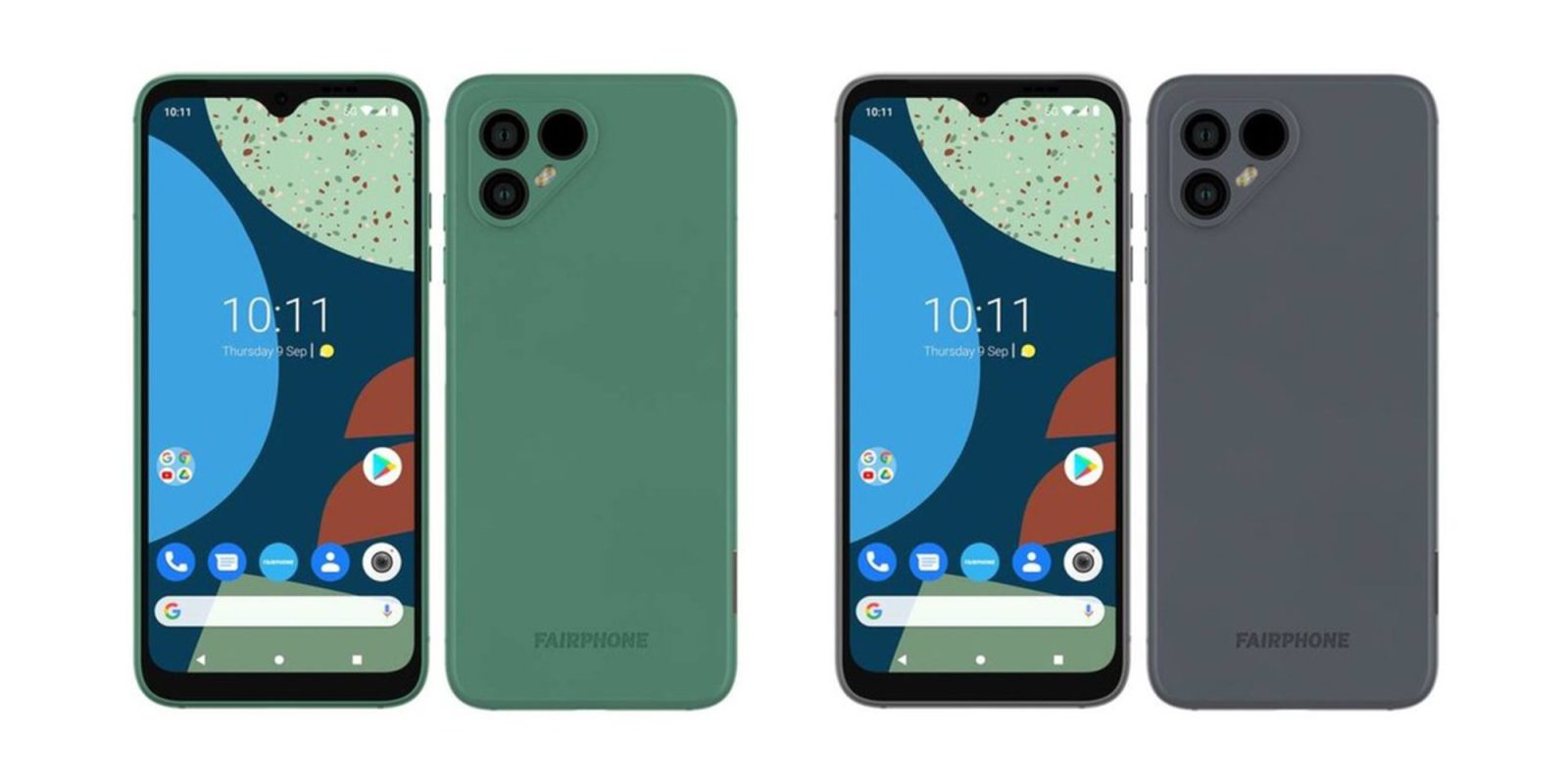 Fairphone 4 renders in green and gray