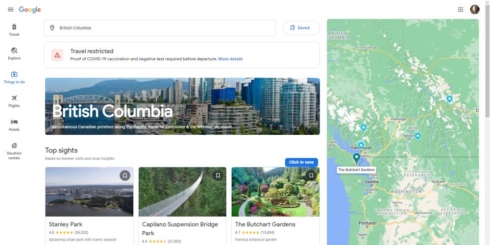 google travel destination page