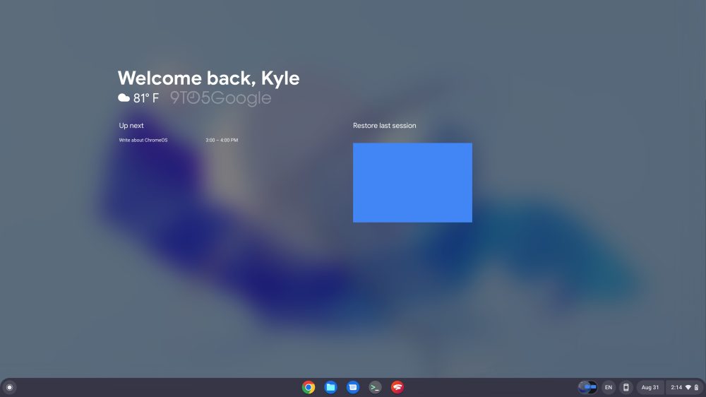 ChromeOS Welcome screen with "Up next" and "Restore last session" widgets
