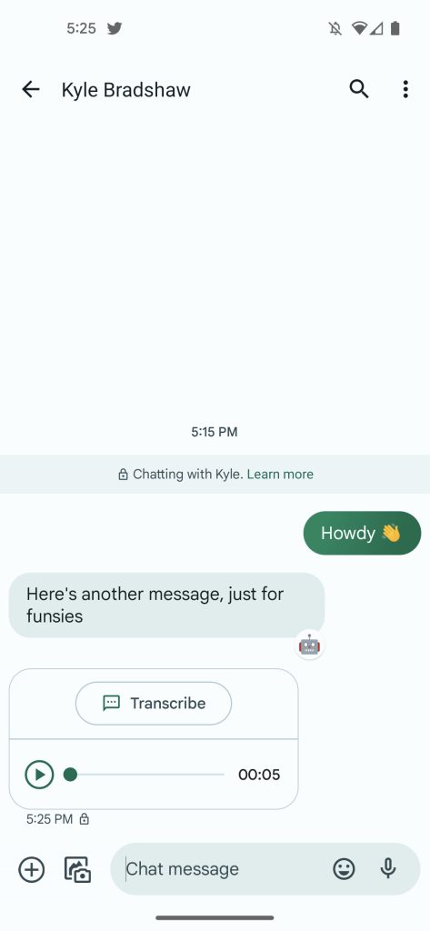 Google Messages app showing a "Transcribe" button over a voice memo