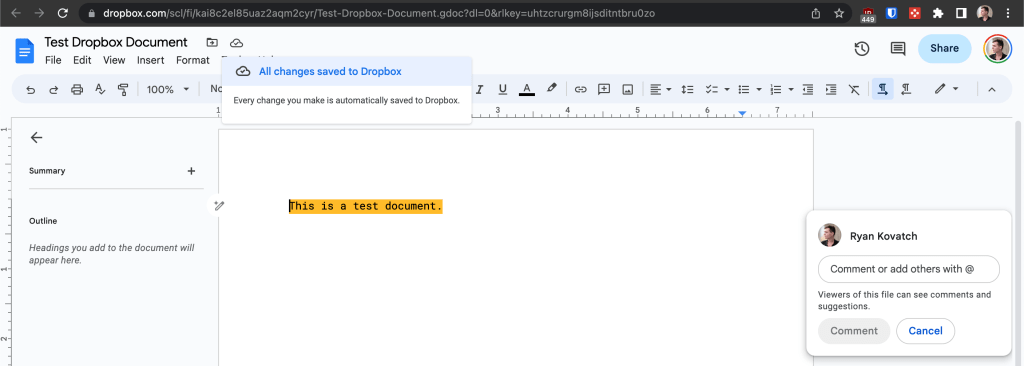 A screenshot of the Google Docs editor for Dropbox, part of the site's integration with Google Workspace.
