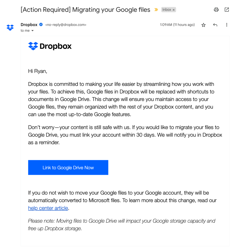A screenshot of the email sent out by Dropbox to notify users of the Google Workspace migration.